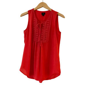 Worthington Sleeveless Blouse Medium Orange Crochet Lace Tassel Tie Neck Boho